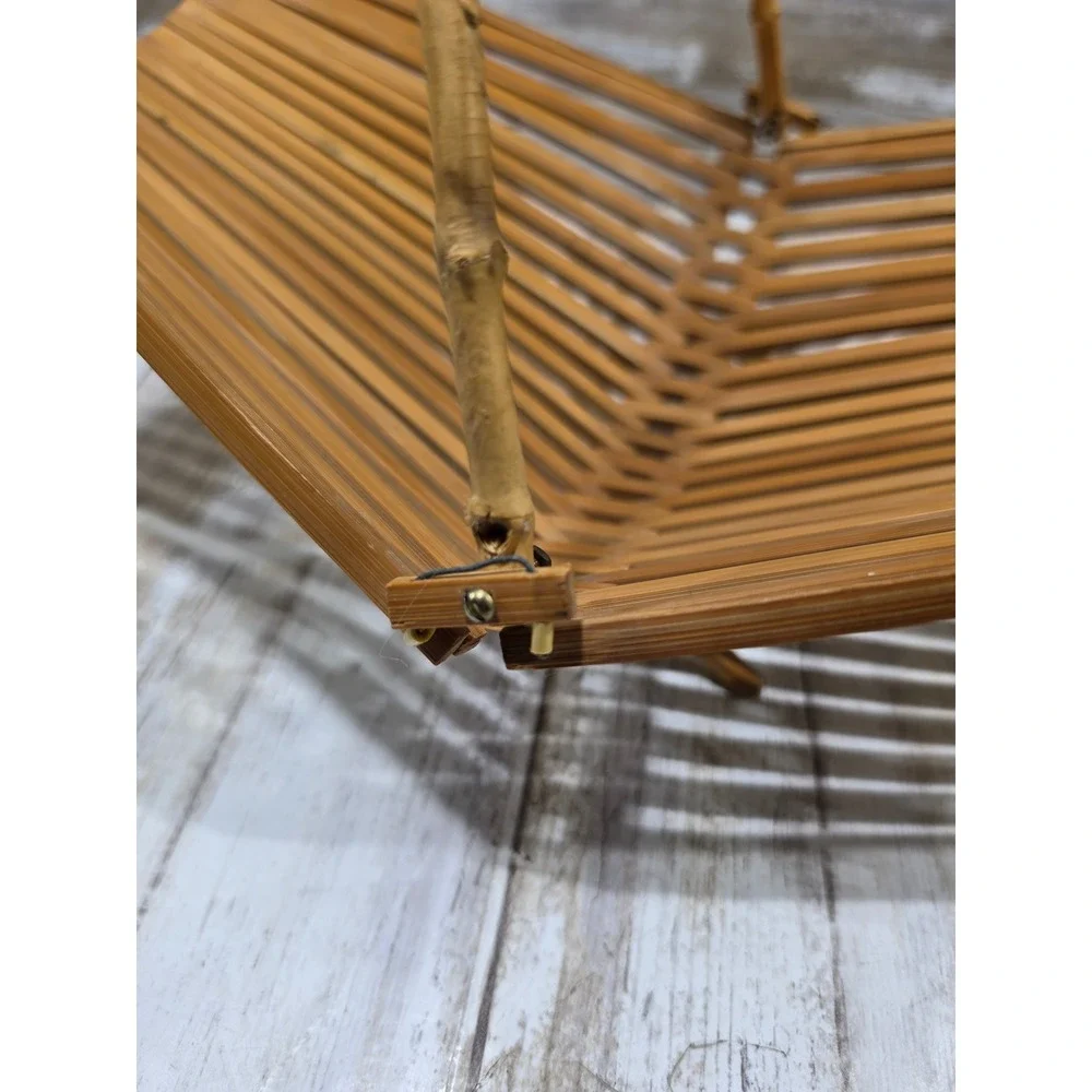 Vintage Bamboo Slat Collapsible Fruit Basket Wood Handle Accordion Bowl Brown